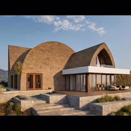 a large building made of rocks with a small patio