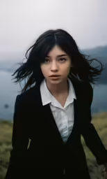woman with long black hair in a black blazer and white shirt