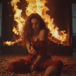 a woman sitting on the ground in front of a fire