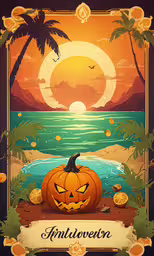 a pumpkin on a beach with sun setting and a sign that says halloween,an artistic halloween poster with a jack - o