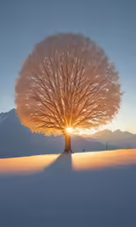a snow covered tree with the sun peeking through the branches