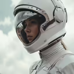 a woman in a white astronaut outfit and helmet looking away from the camera