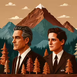 three men stand side by side in front of an illustration of mountains