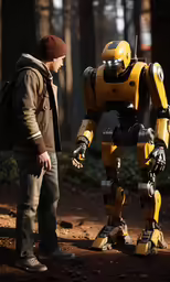 a man is looking at a robot that appears to be shaking hands