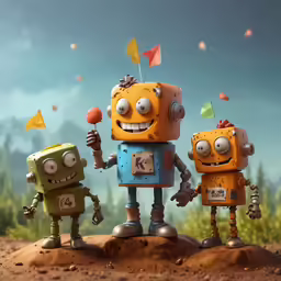 three robot toy standing on dirt ground next to tree