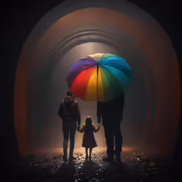 family standing under an umbrella in the middle of a tunnel