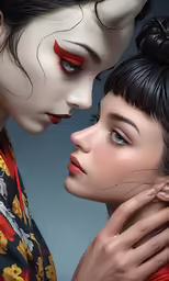 two women one with red and black eyeliners the other with a white face