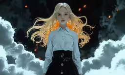 a woman with long blonde hair standing on some clouds