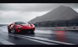 red sports car driving on wet asphalt near mountains