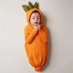 a baby sleeping in an orange blanket