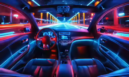 a car with its interior is lit up at night