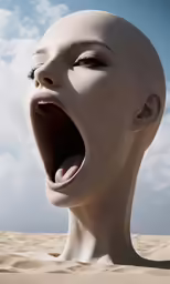 an angry looking woman looks at the camera and yells