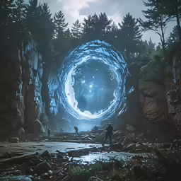 a mysterious forest with trees and a person walking in the middle