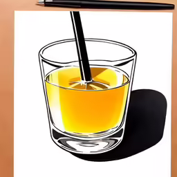 a drink and a black pen sit next to each other on top of a paper
