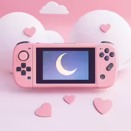 a pink wii game system laying on a pink surface with hearts floating around