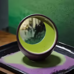 a close up of a bowl on a tray with a reflection of the sky in the mirror