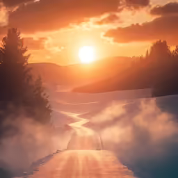 a country road that has cars going on it and the sun behind trees