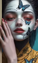 the girl with butterfly makeup has blue butterflies painted on her face