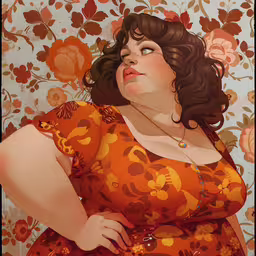 a woman is in an orange floral dress,a fat woman with big breast and huge cleavage standing in front of wallpaper