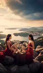 two young women enjoy wine and dessert while overlooking the sea