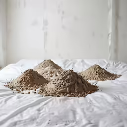 several mounds of dirt are laying on a white sheet