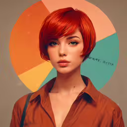 an asian female model with red hair wearing a blouse,the woman is wearing red hair and is posing for the camera