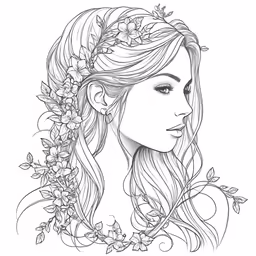 coloring book page showing the profile of a woman with flowers