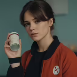 a girl is holding onto her beverage in one hand and looking at the camera