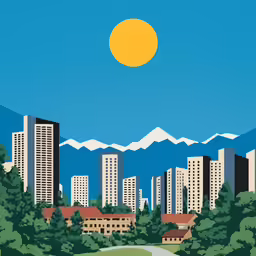 an image of a city with trees, mountains and blue sky