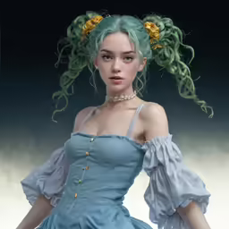 there is a woman with long, green hair in a blue dress