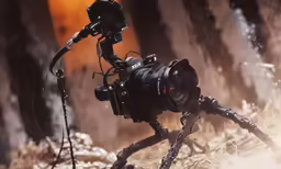 a camera and a tripod stand in the sand