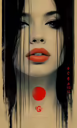 a young woman with black hair and red lipstick
