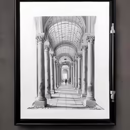 a man standing on a walkway with a long row of pillars in the middle