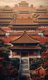 a chinese building is in the middle of a vast area