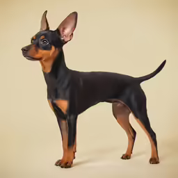 a small black and brown dog on a light background