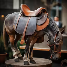 a horse that is sitting on some wood
