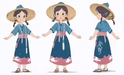 three different views of a woman wearing an ethnic costume