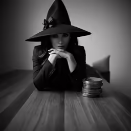 a woman sitting at a table in a witches hat