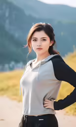 a young woman in black and grey shirt standing in the grass