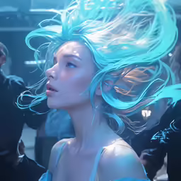 a woman wearing blue with white highlights on her hair