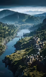 a small village in the mountains above a river