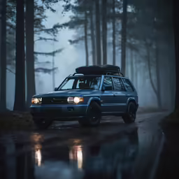 a blue car parked along the wet road
