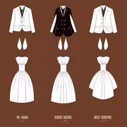 the suits are all white, with one black suit,four different styles of tuxedos on brown background