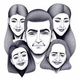 three faces and four women on white paper,a group of people with facial expressions,three people with faces drawn to look like they
