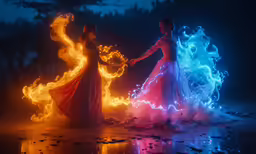 two beautiful women dressed in evening dresses and colored flames