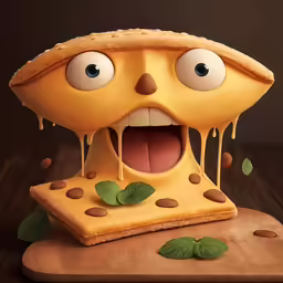 a fake pizza slice has its mouth open, as it is dripping with ketchup