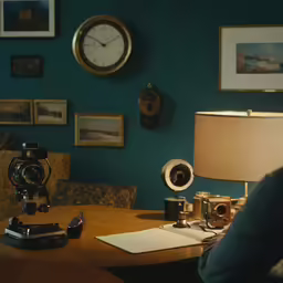 this is an office with a desk and cameras