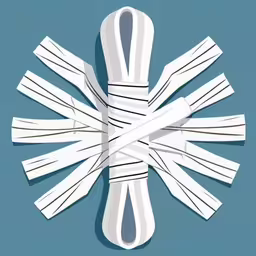 a folded clock with white lines coming out of it,an abstract paper craft of a cross made up of strips of white thread,an abstract clock consisting of white stripes,a cross cut out of paper on a blue background,a circular object made out of strips of cloth