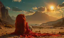 a girl with long hair sitting in front of a sunset
