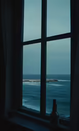 a bottle sitting on a window sill near an ocean